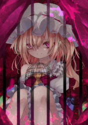 Rule 34 | 1girl, absurdres, ascot, blonde hair, cage, calpis118, closed mouth, collarbone, feet out of frame, flandre scarlet, frilled shirt collar, frills, hair between eyes, hat, highres, in cage, looking at viewer, medium hair, mob cap, off shoulder, puffy short sleeves, puffy sleeves, purple eyes, red ribbon, red skirt, red theme, red vest, ribbon, ribbon-trimmed headwear, ribbon trim, shirt, short sleeves, side ponytail, skirt, skirt set, smile, solo, touhou, vest, white hat, white shirt, wings, yellow ascot