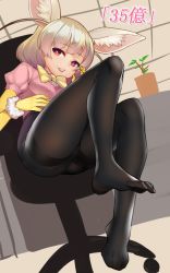 Rule 34 | 10s, 1girl, animal ears, ass, bad id, bad twitter id, black pantyhose, blonde hair, blush, bow, bowtie, breast pocket, breasts, chair, choir (artist), elbow gloves, fennec (kemono friends), fox ears, fur trim, gloves, highres, indoors, kemono friends, legs, looking at viewer, no pants, office chair, pantyhose, pink lips, pink shirt, plant, pocket, potted plant, red eyes, rolling chair, shiny clothes, shirt, shirt pocket, short hair, short sleeves, sitting, small breasts, smile, solo, swivel chair, thighband pantyhose, thighs, toes, wrist cuffs, yellow bow, yellow bowtie, yellow gloves