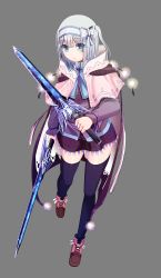 Rule 34 | 1girl, black thighhighs, breasts, capelet, dual wielding, eyebrows, full body, grey background, grey hair, hair ribbon, highres, holding, holding sword, holding weapon, one side up, original, ribbon, short hair, simple background, solo, sword, thighhighs, weapon, white ribbon, windfeathers, zettai ryouiki