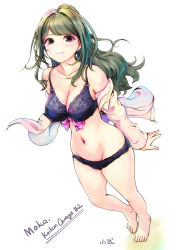Rule 34 | 1girl, arms behind back, bare shoulders, barefoot, black bra, black eyes, black panties, blush, bow, bow bra, bra, breasts, carina (xiaowoo), character name, cleavage, collarbone, copyright name, eyelashes, female focus, full body, green hair, hair intakes, highres, jacket, large breasts, legs together, light smile, lingerie, lips, long hair, looking at viewer, messy hair, midriff, moka (carina), navel, open clothes, open jacket, original, panties, parted bangs, pink bow, shirt, simple background, skindentation, smile, solo, standing, underwear, wavy hair, white background