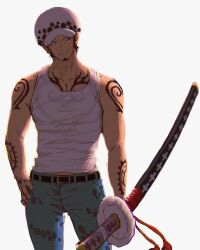 Rule 34 | 1boy, arm tattoo, black hair, chest tattoo, commentary, cowboy shot, denim, earrings, facial hair, goatee, hand tattoo, hat, highres, holding, holding sword, holding weapon, jeans, jewelry, koma heron, looking to the side, male focus, one piece, pants, sideburns, simple background, smile, solo, sword, symbol-only commentary, tank top, tattoo, trafalgar law, weapon, white background, white tank top