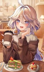 Rule 34 | 1girl, ahoge, artist name, blue eyes, blue hair, blush, cake, cake slice, carpet, chair, cup, dasha, food, fork, furina (genshin impact), genshin impact, hair between eyes, heterochromia, highres, holding, holding cup, indoors, lamp, light blue hair, long hair, looking at viewer, lower teeth only, multicolored hair, open mouth, plate, revision, sidelocks, sitting, smile, solo, spoon, streaked hair, teeth, two-tone hair, upper body