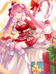 Rule 34 | 1girl, alternate costume, boots, breasts, candy, candy cane, cleavage, dress, female focus, fire emblem, fire emblem: three houses, fire emblem heroes, flower, food, fur trim, gift, gloves, hair flower, hair ornament, highres, hilda valentine goneril, hilda valentine goneril (winter), ichi (dndk01), matching hair/eyes, medium breasts, nintendo, official alternate costume, one eye closed, pink hair, pink thighhighs, red dress, rose, solo, striped clothes, striped thighhighs, thigh boots, thighhighs, twintails, white flower, white gloves, white rose, wink