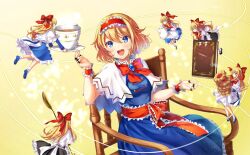 Rule 34 | 1girl, alice margatroid, ankle socks, apron, back bow, black dress, black footwear, blonde hair, blue dress, blue eyes, blue footwear, blue gemstone, book, bow, bowtie, capelet, chair, cookie, cup, doll, dress, eyelashes, food, frilled apron, frilled bow, frilled capelet, frilled dress, frilled hairband, frilled sash, frilled wrist cuffs, frills, game cg, gem, hair bow, hairband, holding, holding book, holding food, holding plate, holding spoon, holding teapot, jewelry, light blush, lolita hairband, long dress, long hair, looking at viewer, mary janes, multiple rings, napkin, official art, open mouth, oversized object, plate, red bow, red bowtie, red hairband, red sash, red wristband, ring, rocking chair, sash, shanghai doll, shoes, short hair, sitting, smile, socks, spoon, steam, string, suzuhito (yaho image3), tea, teacup, teapot, teeth, touhou, touhou cannonball, upper teeth only, waist apron, waist bow, white apron, white bow, white capelet, white socks, wrist cuffs, yellow background