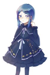 Rule 34 | 1other, annoyed, averting eyes, black coat, black dress, blue eyes, coat, dress, hair ornament, hand on own ear, highres, library of ruina, lolita fashion, pale skin, porccu 200g, project moon, short hair, simple background, solo, the bookhunter, white background