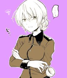 Rule 34 | ..., 10s, 1girl, angry, braid, breasts, crossed arms, cup, darjeeling (girls und panzer), female focus, frown, fume, girls und panzer, holding, jacket, long sleeves, looking at viewer, military, military uniform, moekichi, partially colored, purple background, red jacket, short hair, simple background, solo, spoken ellipsis, squiggle, standing, staring, teacup, twin braids, uniform, upper body