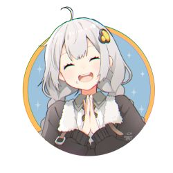 Rule 34 | 1girl, artist name, binchou maguro, black jacket, braid, circle, commentary, closed eyes, facing viewer, food, food on face, fur-trimmed jacket, fur trim, grey hair, hair ornament, jacket, kizuna akari, open mouth, own hands together, portrait, rice, rice on face, shirt, smile, solo, star (sky), twin braids, voiceroid, white shirt