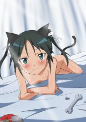 Rule 34 | 1girl, animal ears, aqua eyes, black hair, blush, crossed arms, francesca lucchini, highres, lying, nude, on stomach, smile, solo, strike witches, tail, twintails, world witches series, wrench, yumekaranigeruna