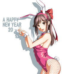 Rule 34 | 10s, 1girl, 2011, animal ears, arched back, bare shoulders, blush, breasts, brown eyes, brown hair, covered navel, fake animal ears, fishnet pantyhose, fishnets, from side, hair ribbon, happy new year, leotard, long hair, love plus, medium breasts, new year, open mouth, pantyhose, playboy bunny, ponytail, rabbit ears, rabbit shadow puppet, rabbit tail, ribbon, shadow, sideboob, smile, solo, tail, takane manaka, takeda hiromitsu, wrist cuffs