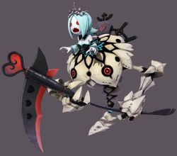 Rule 34 | 1girl, blue hair, breasts, cleavage, colored skin, crown, fangs, medium breasts, official art, open mouth, red eyes, scythe, undead princess, white skin, world of final fantasy