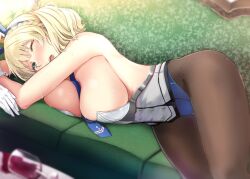 Rule 34 | 1girl, adapted costume, animal ears, armpits, between breasts, blonde hair, blue eyes, blue necktie, blush, braid, breasts, colorado (kancolle), corset, couch, cup, drinking glass, french braid, gin&#039;ichi (akacia), gloves, indoors, kantai collection, large breasts, leotard, looking at viewer, lying, necktie, necktie between breasts, on couch, on side, one eye closed, open mouth, pantyhose, playboy bunny, rabbit ears, short hair, solo, spill, suggestive fluid, white gloves, wine glass