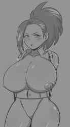 Rule 34 | 1girl, annoyed, bare shoulders, belt, blush, boku no hero academia, breasts, breasts out, collarbone, curvy, grey background, greyscale, highres, huge breasts, long hair, looking to the side, monochrome, nipples, ponytail, semidraws, sleeveless, solo, thick thighs, thighs, wide hips, yaoyorozu momo