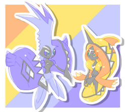 Rule 34 | 1boy, 1girl, bad id, bad pixiv id, blue eyes, claws, color switch, creatures (company), game freak, gen 7 pokemon, legendary pokemon, looking at another, multicolored background, nintendo, outline, pokemon, pokemon (creature), pokemon sm, tapu fini, tapu koko, white outline