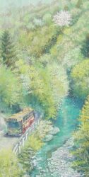 Rule 34 | bus, fence, fine art parody, forest, highres, motor vehicle, nature, nihonga, no humans, original, parody, pine tree, river, riverbank, road, rock, scenery, tanamachi yoshihiro, tree, water, wooden fence