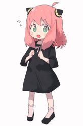 Rule 34 | 1girl, :o, anya (spy x family), black dress, blush, child, clenched hands, dress, female focus, full body, green eyes, hairpods, highres, looking at viewer, medium hair, naka (buttergirl 02), open mouth, pink hair, simple background, solo, spy x family, standing, v-shaped eyebrows, white background