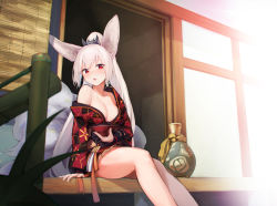 Rule 34 | 1girl, animal ears, bad id, bad pixiv id, blade &amp; soul, bottle, breasts, cleavage, commentary request, cup, fox ears, fox tail, highres, japanese clothes, kimono, legs, long hair, lyn (blade &amp; soul), multiple tails, no bra, off shoulder, ponytail, red eyes, red kimono, sakazuki, sake bottle, short kimono, short yukata, sitting, small breasts, solo, tai (e3d1p), tail, tears, white hair, yukata