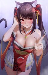 Rule 34 | 1girl, animal ears, blush, breasts, brown hair, cat ears, cat girl, cat tail, cleavage, closed mouth, cowboy shot, detached sleeves, flower, hair flower, hair ornament, highres, hirahiragi (h1rqg1), indie virtual youtuber, large breasts, legs, long hair, looking at viewer, multicolored hair, nail polish, nekohana (vtuber), red eyes, red flower, red nails, second-party source, sitting, skirt, smile, solo, standing, tail, tassel, tassel hair ornament, thighhighs, thighs, twintails, very long hair, virtual youtuber, white skirt, wide sleeves