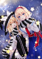 Rule 34 | 2girls, :d, alice margatroid, bad id, bad pixiv id, black dress, black headwear, blonde hair, blue dress, blue eyes, blush, bow, capelet, center frills, diagonal stripes, dress, dutch angle, fang, frills, fringe trim, hair between eyes, hairband, hand up, hat, hat bow, kirisame marisa, long sleeves, multiple girls, nanase nao, open mouth, red bow, red hairband, scarf, sky, smile, star (sky), star (symbol), starry sky, striped clothes, striped scarf, touhou, white bow, white capelet, witch hat, yellow eyes