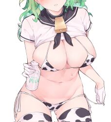 Rule 34 | 1girl, animal print, artist name, bell, bikini, black neckerchief, black sailor collar, blush, bottle, breasts, ceres fauna, cleavage, corrupted twitter file, cow print, cow print bikini, cow print thighhighs, cowbell, cowboy shot, cropped, gloves, gluteal fold, green hair, groin, half gloves, head out of frame, highres, holding, holding bottle, hololive, hololive english, large breasts, long hair, lowleg, lowleg bikini, micro bikini, milk bottle, namiorii, neck bell, neckerchief, no pants, print bikini, print thighhighs, sailor collar, school uniform, see-through, see-through cleavage, serafuku, shirt, short sleeves, side-tie bikini bottom, solo, string bikini, sweat, swimsuit, thighhighs, untying, virtual youtuber, white gloves, white shirt
