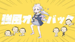 Rule 34 | 1girl, backpack, bag, black neckerchief, blue archive, blue hair, chibi, chibi inset, doodle sensei (blue archive), floating hair, flute, forehead, full body, holding flute, holding instrument, instrument, inu (aerodog), kyoufuu all back (vocaloid), light blue hair, midriff peek, multicolored hair, music, navel, neckerchief, parody, pink hair, playing instrument, pleated skirt, recorder, reisa (blue archive), school uniform, sensei (blue archive), serafuku, skirt, streaked hair, style parody, twintails, walking, wind