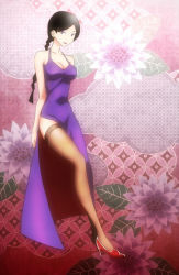 Rule 34 | 00s, 1girl, braid, breasts, cleavage, dress, high heels, highres, large breasts, long legs, purple dress, sayonara zetsubou sensei, screencap, shoes, side slit, solo, stitched, thighhighs, third-party edit