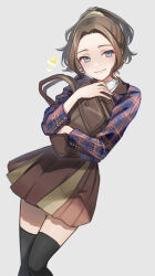 Rule 34 | 1girl, bag, black thighhighs, blue eyes, blue jacket, brown bag, brown hair, brown skirt, buttons, collared shirt, dutch angle, feet out of frame, grey background, grin, hair ornament, hair scrunchie, hands up, heart, high ponytail, highres, holding, holding bag, honami hisame, jacket, long sleeves, looking at viewer, miniskirt, multicolored clothes, multicolored jacket, hugging object, parted bangs, parted lips, plaid, plaid jacket, pleated skirt, ponytail, red jacket, school bag, school uniform, scrunchie, shirt, short hair, shoujo kageki revue starlight, shoulder bag, simple background, skirt, smile, solo, standing, tareko, thighhighs, white shirt, yellow scrunchie, zettai ryouiki