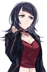 Rule 34 | 1girl, aoki shizumi, bang dream!, bang dream! it&#039;s mygo!!!!!, black choker, black jacket, breasts, choker, cleavage, closed mouth, commentary, expressionless, green eyes, hand on own neck, highres, jacket, long hair, long sleeves, medium breasts, purple hair, red shirt, shirt, simple background, solo, upper body, white background, yahata umiri