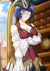 Rule 34 | 00s, 1girl, bare shoulders, blue hair, breasts, cleavage, detached sleeves, eyepatch, globe, green eyes, ikkitousen, large breasts, mole, mole under eye, mole under mouth, ryomou shimei, short hair, smile, solo