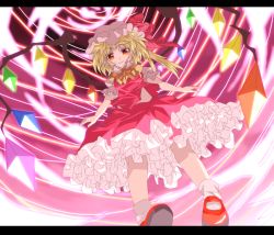 Rule 34 | 1girl, blonde hair, blouse, female focus, flandre scarlet, flying, frills, from below, hat, letterboxed, looking down, master929, mob cap, pink theme, shirt, socks, solo, touhou, white hat, white shirt, white socks