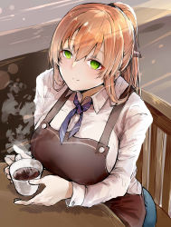 Rule 34 | 1girl, absurdres, alternate costume, apron, blue ribbon, breasts, brown apron, brown hair, chair, closed mouth, coffee, coffee mug, collared shirt, commentary request, cup, dress shirt, from above, girls&#039; frontline, green eyes, hair between eyes, hair ribbon, hair rings, high ponytail, highres, kyoyakyo, large breasts, long hair, mug, ponytail, ribbon, shirt, sidelocks, smile, springfield (girls&#039; frontline), table, white shirt