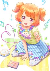 Rule 34 | 1girl, :d, brown hair, full body, green shirt, headphones, highres, kneeling, looking at viewer, minim, musical note, musical note print, nanatsu natsu, open mouth, otoca d&#039;or, pantyhose, quaver, red eyes, semiquaver, shirt, short hair, short twintails, skirt, smile, solo, star (symbol), striped clothes, striped skirt, sunny (otoca d&#039;or), treble clef, twintails, two side up, white background, white pantyhose