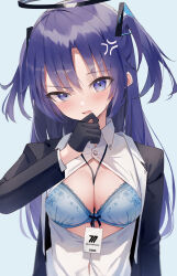 Rule 34 | 200f (nifu), absurdres, anger vein, between breasts, blue archive, blue background, blue bra, blue hair, blush, bra, breasts, brush, gloves, hair ornament, halo, highres, id card, long hair, medium breasts, open clothes, open shirt, school uniform, shirt, simple background, solo, twintails, underwear, white shirt, yuuka (blue archive)