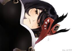 Rule 34 | 1girl, black eyes, black hair, breasts, closed mouth, commentary request, from below, genshin impact, highres, kujou sara, large breasts, looking at viewer, mask, mask on head, na genshin, red mask, solo, twitter username
