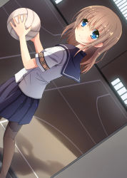Rule 34 | 1girl, ball, blue eyes, blush, brown hair, dutch angle, from side, gym, highres, holding, holding ball, indoors, looking at viewer, looking back, looking to the side, original, oruto (ort+), oruton, pantyhose, pleated skirt, school uniform, short hair, short sleeves, skirt, smile, solo, volleyball (object)