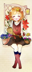 Rule 34 | 1girl, :d, bad id, bad pixiv id, belt, brown hair, closed eyes, flower, flower pot, hair flower, hair ornament, highres, jewelry, kneehighs, lamp, lantern, looking at viewer, necklace, open mouth, original, plant, sitting, skirt, smile, socks, solo, sparkle, stone wall, tsukiyo (skymint), vines, wall, watering can, windowsill, wooden lantern