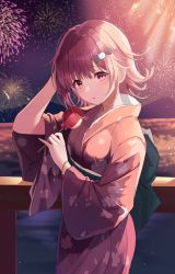 Rule 34 | 1girl, absurdres, alternate costume, arm up, blush, bow, bracelet, candy apple, cat hair ornament, commentary request, danganronpa (series), danganronpa 2: goodbye despair, fireworks, flipped hair, food, green bow, hair ornament, highres, holding, japanese clothes, jewelry, kimono, large bow, long sleeves, looking at viewer, medium hair, nanami chiaki, night, open mouth, outdoors, solo, watermelon (subak jelly), wide sleeves