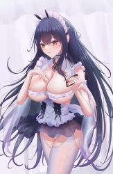 Rule 34 | 1girl, absurdres, areola slip, artist name, ass cutout, azur lane, black hair, black skirt, breasts, cellphone, choker, clothing cutout, crotch cutout, crotchless, crotchless pantyhose, dated, eeyoosekedooaat, frilled choker, frills, highres, holding, holding phone, indomitable (azur lane), indomitable (ms. motivationless maid) (azur lane), large breasts, long hair, maid, maid headdress, microskirt, official alternate costume, pantyhose, phone, see-through, see-through skirt, simple background, skindentation, skirt, smartphone, solo, standing, very long hair, white pantyhose, yellow eyes