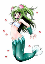 Rule 34 | 1girl, :d, akiba nagito, clam, collarbone, egg, gem, green hair, hair ornament, jewelry, long hair, mermaid, monster girl, muromi-san, namiuchigiwa no muromi-san, navel, necklace, open mouth, pearl (gemstone), red eyes, seashell, shell, smile, solo, twintails, two side up