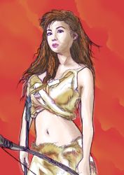 Rule 34 | 1girl, absurdres, arrow (projectile), artist request, bow (weapon), brown hair, female focus, highres, long hair, midriff, navel, prehistoric, solo, weapon