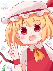 Rule 34 | 1girl, :d, arm up, batta (ijigen debris), blonde hair, blush, chibi, commentary request, fang, flandre scarlet, hat, looking at viewer, mob cap, one-hour drawing challenge, open mouth, pink hat, red eyes, red vest, smile, solo, touhou, upper body, v, vest, wings, wristband