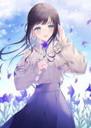 Rule 34 | 1girl, :d, aran sweater, black hair, blue eyes, blue sky, cable knit, cloud, commentary request, day, eyebrows hidden by hair, floating hair, flower, grey sweater, hands up, highres, holding, holding flower, jewelry, long hair, long sleeves, looking at viewer, myusha, open mouth, original, outdoors, petals, pleated skirt, puffy long sleeves, puffy sleeves, purple flower, purple skirt, ring, skirt, sky, sleeves past wrists, smile, solo, sweater, very long hair
