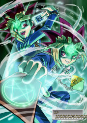 Rule 34 | 2boys, blonde hair, blue jacket, card, chain, chain necklace, commentary request, corruption, dyed bangs, facial mark, forehead mark, hand up, holding, holding card, jacket, jewelry, long sleeves, male focus, maturika r, millennium puzzle, multicolored hair, multiple boys, muto yugi, necklace, open mouth, orichalcos, purple eyes, school uniform, smile, smirk, spiked hair, teeth, tongue, yami yugi, yu-gi-oh!, yu-gi-oh! duel monsters