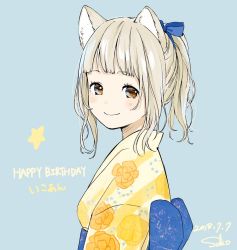 Rule 34 | 1girl, animal ears, blue background, blue ribbon, blunt bangs, blush, brown eyes, cat ears, closed mouth, commentary request, dated, floral print, from side, hair ribbon, happy birthday, japanese clothes, kimono, looking at viewer, looking to the side, obi, original, ponytail, ribbon, sako (35s 00), sash, signature, simple background, smile, solo, upper body