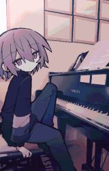 Rule 34 | 1girl, expressionless, instrument, looking at viewer, on bench, original, piano, piano bench, piano keys, red eyes, short hair, sitting, suzua (sofw0)
