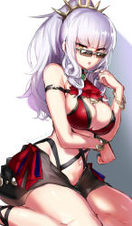 Rule 34 | 1girl, alternate costume, annoyed, bare shoulders, breasts, carmilla (fate), carmilla (summertime mistress) (fate), cleavage, fate/grand order, fate (series), fingernails, high ponytail, large breasts, long fingernails, long hair, navel, parted lips, ponytail, silver hair, sitting, solo, sunglasses, suurin (ksyaro), thighs, wariza, yellow eyes