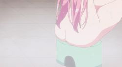 Rule 34 | 1girl, animated, animated gif, ass, bath, blue eyes, blush, breasts, butt crack, collarbone, completely nude, hair between eyes, large breasts, long hair, megami-ryou no ryoubo-kun, nipples, nude, pink hair, saotome atena, screencap, sitting, smile, thighs, wet