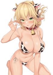 Rule 34 | 1girl, absurdres, aegis (takunomi), animal ears, animal print, arm up, armpits, bare arms, bare shoulders, bell, between legs, bikini, blonde hair, breasts, choker, cleavage, collarbone, cow ears, cow horns, cow print, elf, enjo kouhai, fake animal ears, fake horns, folded ponytail, green eyes, hair ornament, hairband, halterneck, highres, horns, large breasts, long hair, looking at viewer, navel, parted lips, pointy ears, red choker, side-tie bikini bottom, sidelocks, sitting, solo, stomach, strap pull, string bikini, swimsuit, takunomi, thighs, v-shaped eyebrows, white bikini