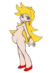 Rule 34 | 1girl, blonde hair, blue eyes, bracelet, breasts, dot nose, earrings, female focus, from side, full body, grin, hand on stomach, hoop earrings, jadf, jewelry, long hair, looking at viewer, navel, nipples, nude, outie navel, panty &amp; stocking with garterbelt, panty (psg), parted lips, pregnant, red footwear, shoes, simple background, small breasts, smile, solo, standing, white background