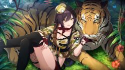 Rule 34 | 1girl, alternate costume, animal, artist request, black hair, branch, breasts, cleavage, crossed legs, fingerless gloves, fishnets, flower, gloves, hair between eyes, hat, idolmaster, idolmaster shiny colors, jungle, large breasts, leaf, legs, long hair, midriff, military, military hat, military uniform, nature, neck ribbon, official art, outdoors, plant, red gloves, red shorts, ribbon, shirase sakuya, short shorts, shorts, sitting, sleeves rolled up, solo, strap, thighhighs, tiger, tree, uniform, yellow eyes