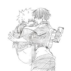 Rule 34 | 2boys, against wall, anal, bakugou katsuki, boku no hero academia, boots, burn scar, censored, clothes pull, commentary, greyscale, highres, holding person, jacket, krumbs (dailykrumbs), legs up, lineart, long sleeves, looking at another, male focus, male penetrated, monochrome, mosaic censoring, multiple boys, pants, pants pull, saliva, scar, sex, shirt, short hair, simple background, teeth, todoroki shouto, white background, yaoi
